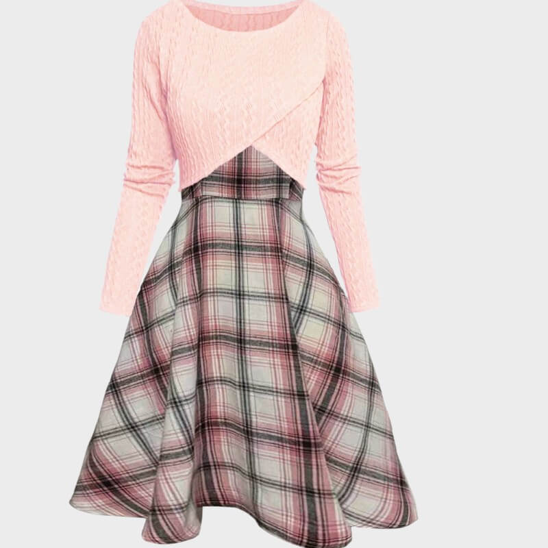 Clara – Vintage Plaid Dress with Crop Top Set