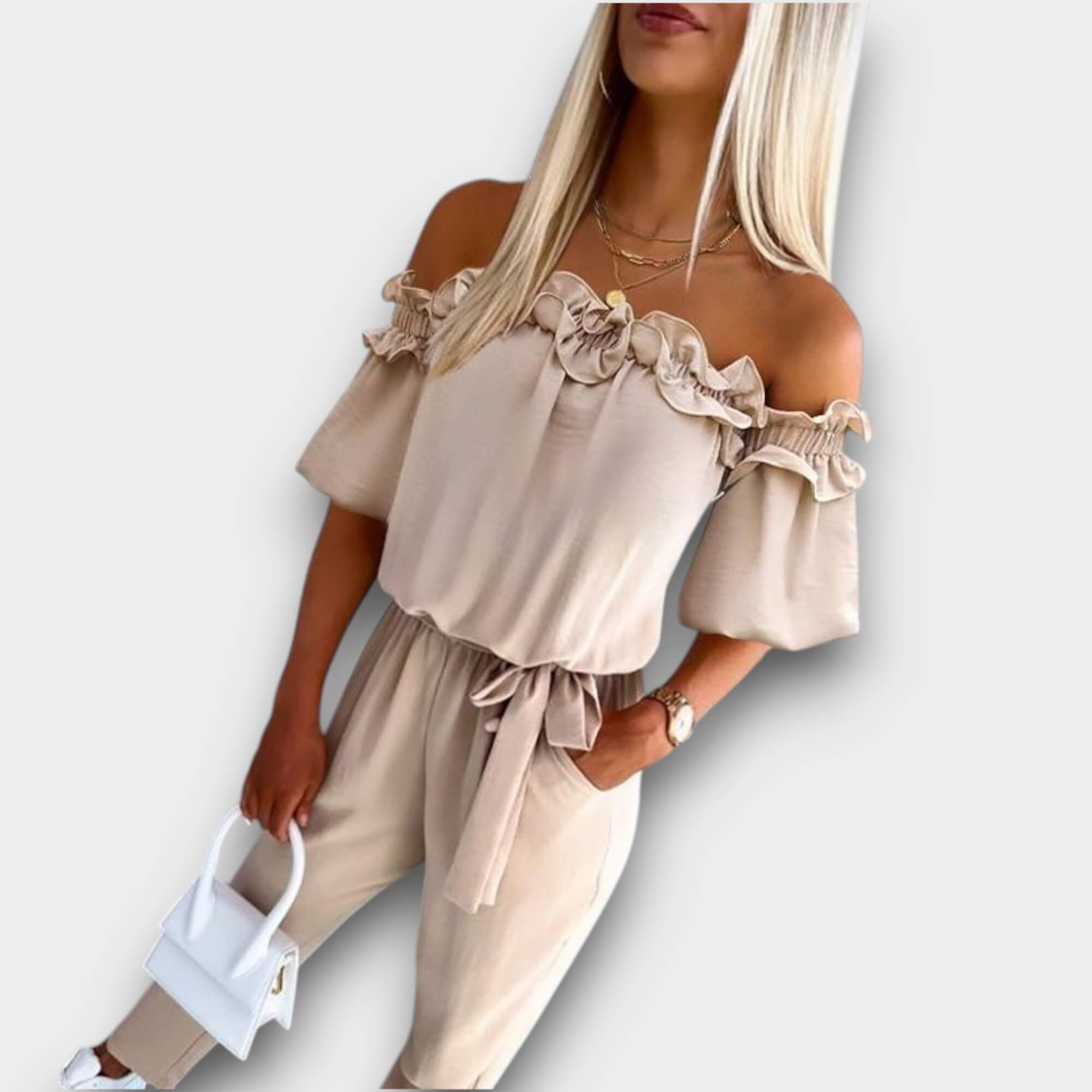 Aria – Off-Shoulder Frill Tie-Waist Jumpsuit